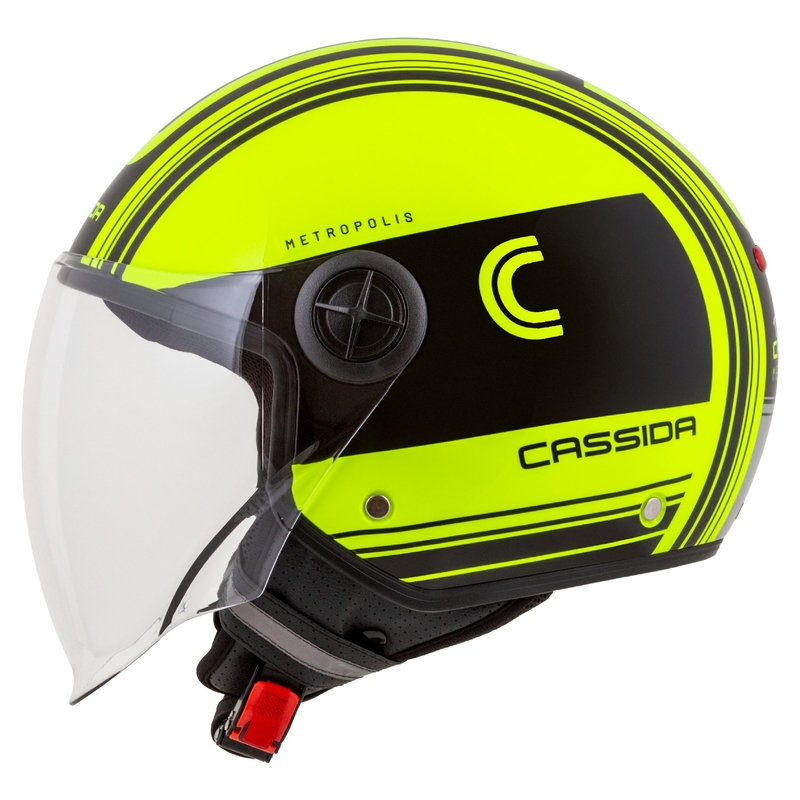 Kask motocyklowy otwarty Cassida Handy Metropolis Safety fluo żółto-czarno-odblaskowy szary.