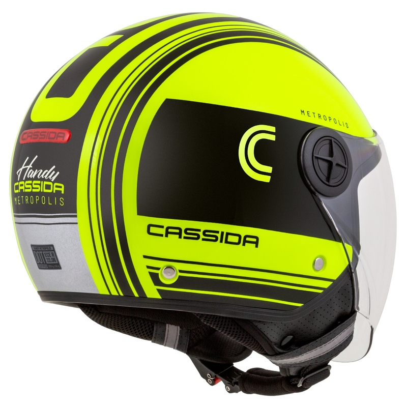 Kask motocyklowy otwarty Cassida Handy Metropolis Safety fluo żółto-czarno-odblaskowy szary.