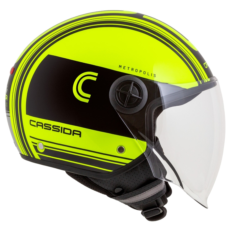 Kask motocyklowy otwarty Cassida Handy Metropolis Safety fluo żółto-czarno-odblaskowy szary.
