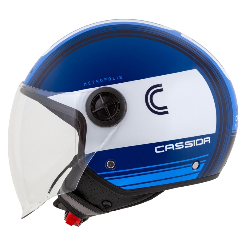 Kask motocyklowy Cassida Handy Metropolis niebiesko-biały otwarty