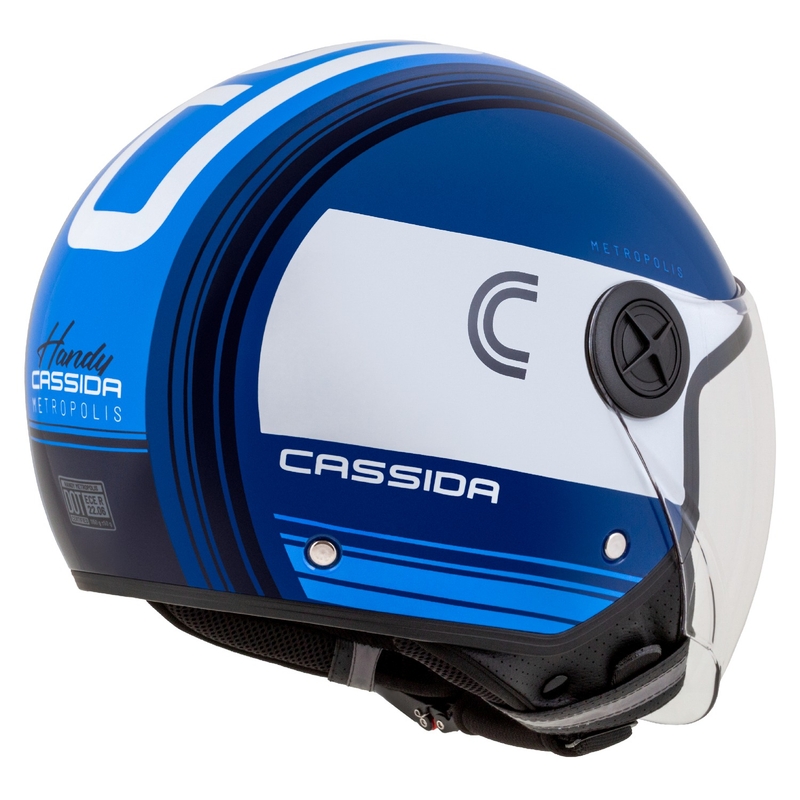 Kask motocyklowy Cassida Handy Metropolis niebiesko-biały otwarty
