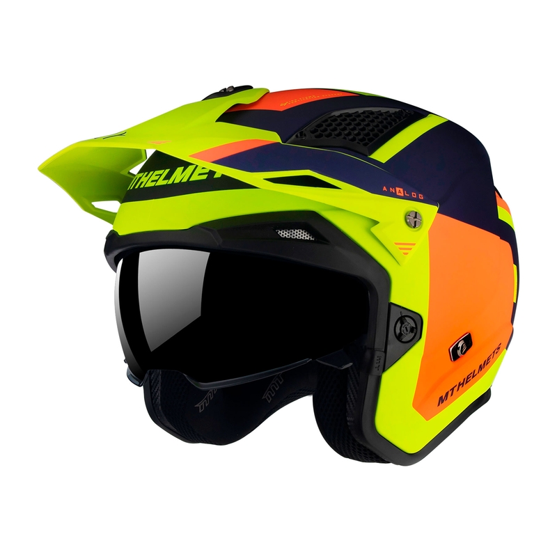 Otwarty kask motocyklowy MT District SV Analog D27 niebiesko-pomarańczowo-fluo żółty