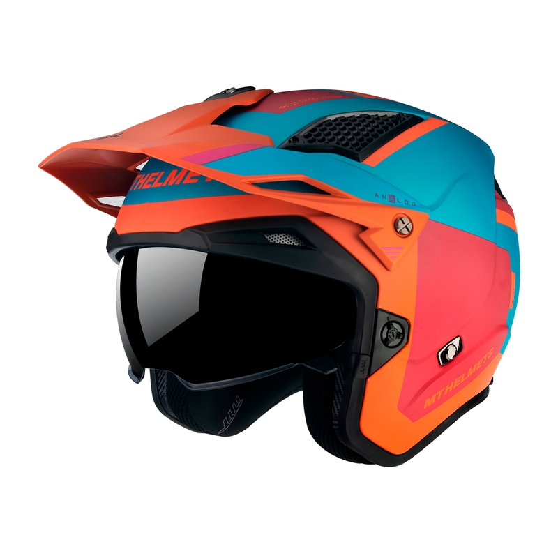 MT District SV Analog D24 otwarty kask motocyklowy trialowy czerwono-niebiesko-pomarańczowy