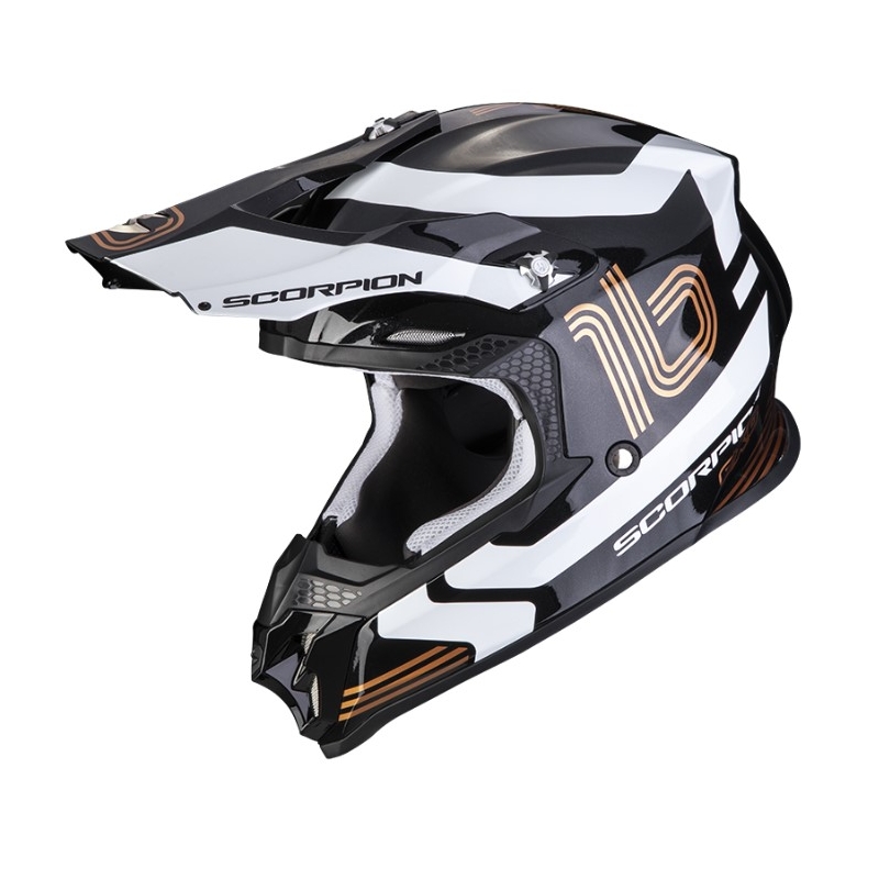 Kask motocrossowy Scorpion VX-16 EVO AIR TUB czarno-biało-złoty metalik