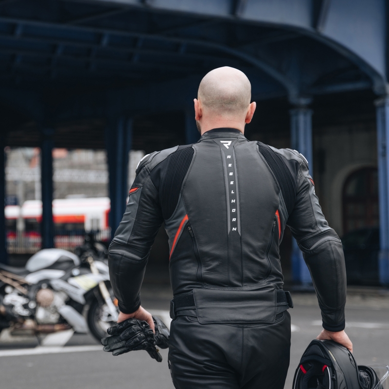 Kožená bunda na motorku Rebelhorn Veloce černo-fluo červená