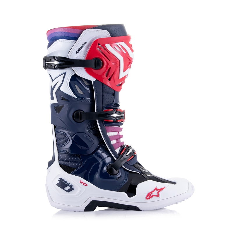Buty motocyklowe Alpinestars Tech 10 Supervented perforowane granatowo-biało-czerwono-fioletowe