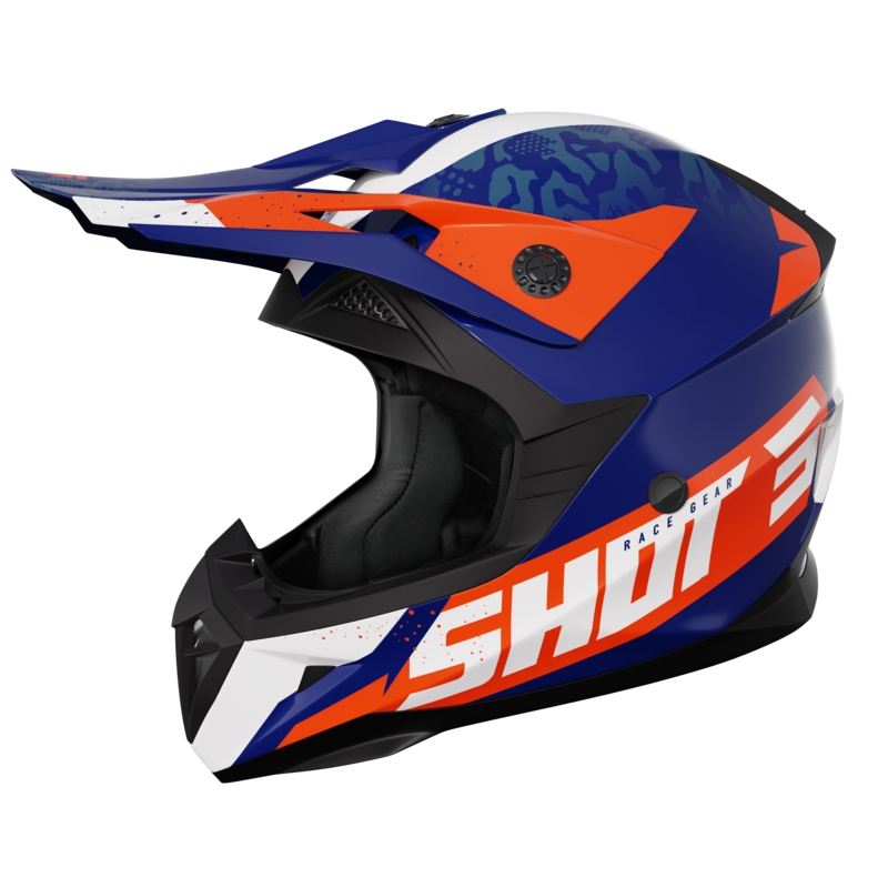 Niebiesko-biało-pomarańczowy błyszczący kask motocrossowy Shot Pulse Airfit