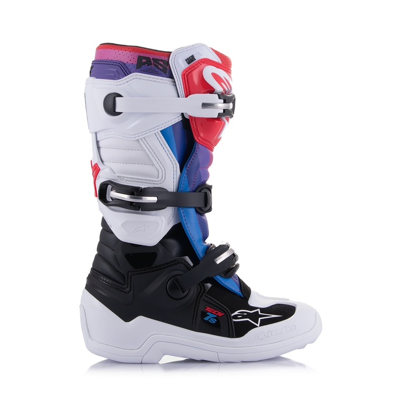 Buty motocrossowe dla dzieci Alpinestars Tech 7 S w kolorze biało-czarno-czerwono-niebiesko-fioletowym