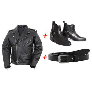 Zestaw: Buty na motocykl chopper RSA KW + Skórzany moto pasek Klasik + Kurtka motocyklowa skórzana RSA ramoneska
