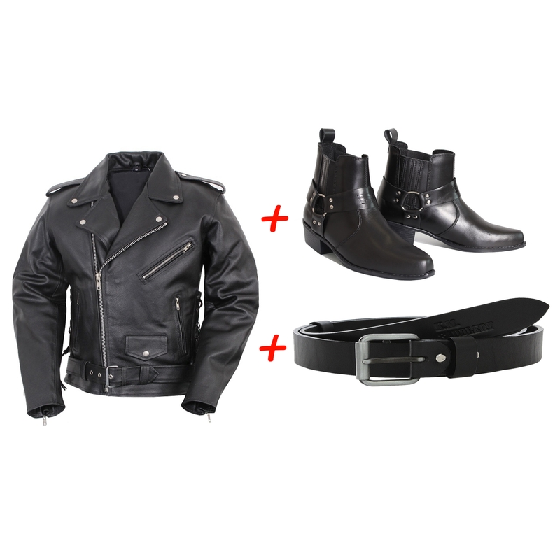 Zestaw: Buty na motocykl chopper RSA KW + Skórzany moto pasek Klasik + Kurtka motocyklowa skórzana RSA ramoneska