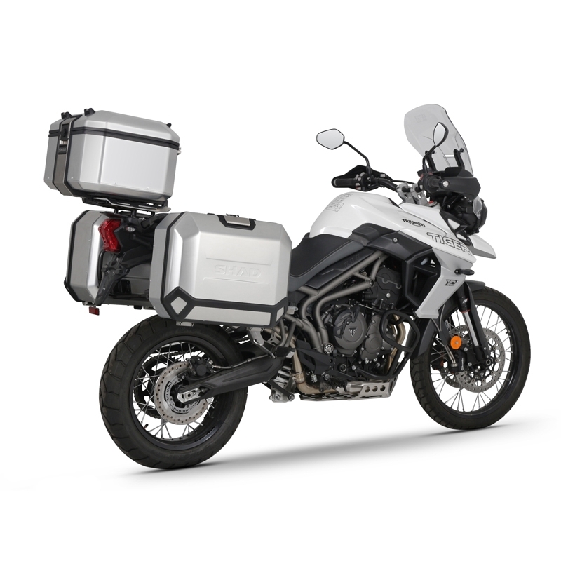 Complete set of aluminum cases SHAD TERRA, 37L topcase + 36L / 47L side cases, including mounting kit and plate SHAD TRIUMPH Tiger 800