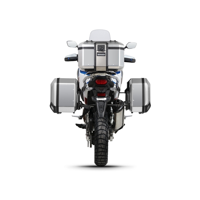 Complete set of black aluminum cases SHAD TERRA, 37L topcase + 36L / 47L side cases, including mounting kit and plate SHAD HONDA CRF 1100 Africa Twin