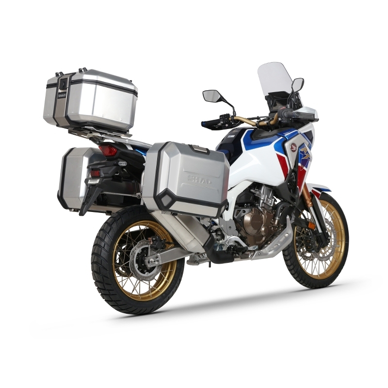 Complete set of black aluminum cases SHAD TERRA, 48L topcase + 36L / 47L side cases, including mounting kit and plate SHAD HONDA CRF 1100 Africa Twin
