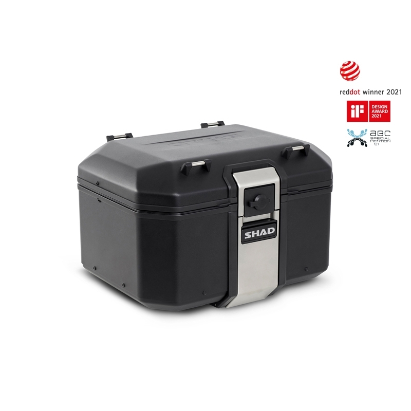 Complete set of black aluminum cases SHAD TERRA, 48L topcase + 36L / 47L side cases, including mounting kit and plate SHAD MOTO GUZZI V 85 TT