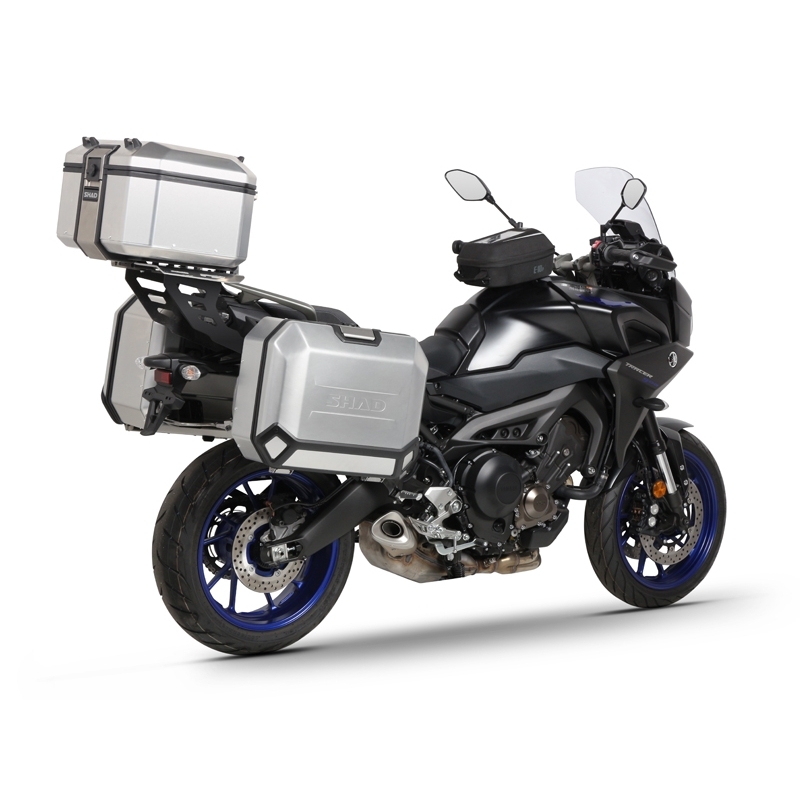 Complete set of black aluminum cases SHAD TERRA, 48L topcase + 36L / 47L side cases, including mounting kit and plate SHAD YAMAHA MT-09 Tracer / Tracer 900