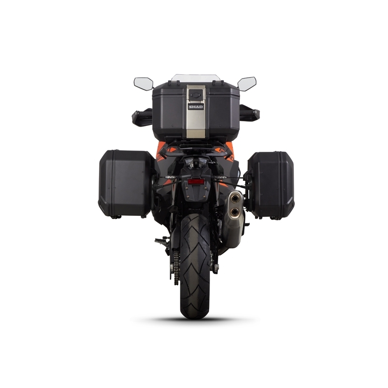 Complete set of black aluminum cases SHAD TERRA, 48L topcase + 36L side left case / 47L side right case, including mounting kit and plate SHAD KTM Super Adventure 1290 (R, S)
