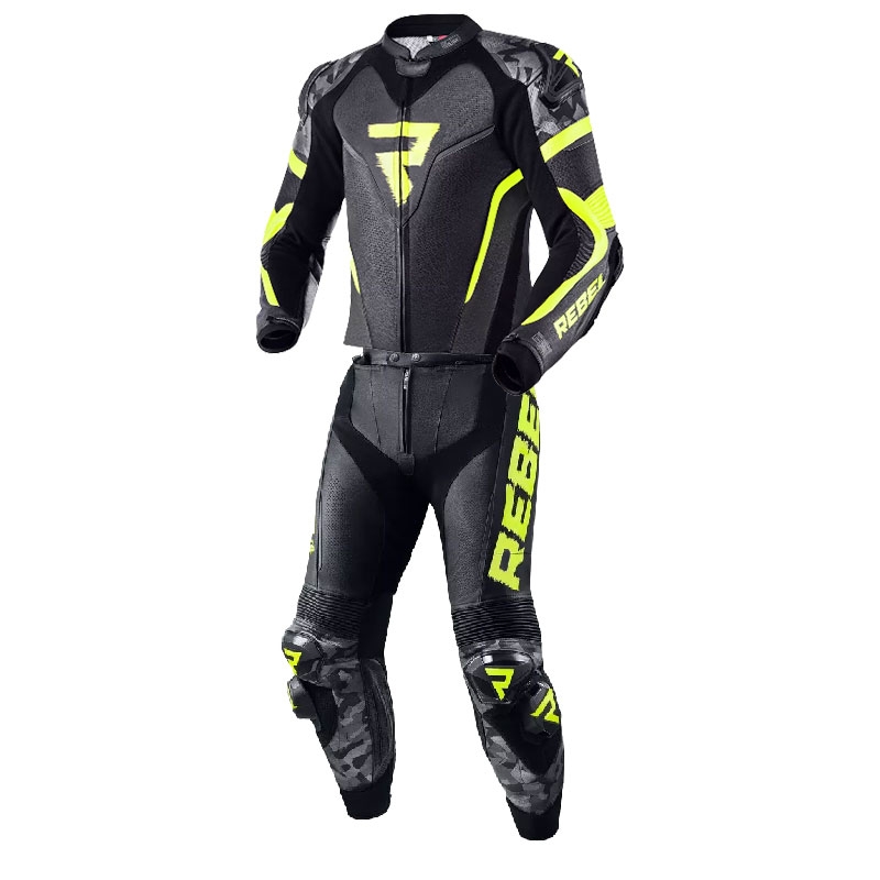 Kombinezon motocyklowy Rebelhorn Rebel czarno-szaro-fluo żółty