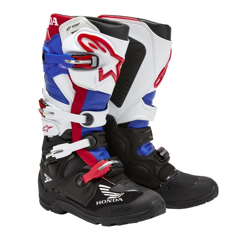Buty motocyklowe Alpinestars Tech 7 Enduro Drystar Honda Kolekcja 2024 Czarno-niebiesko-biało-czerwony