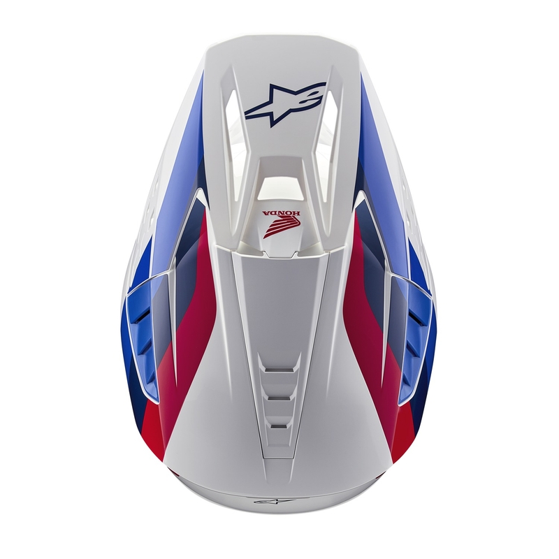 Kolekcja kasków motocrossowych Alpinestars S-M5 Honda w kolorze biało-niebiesko-czerwonym