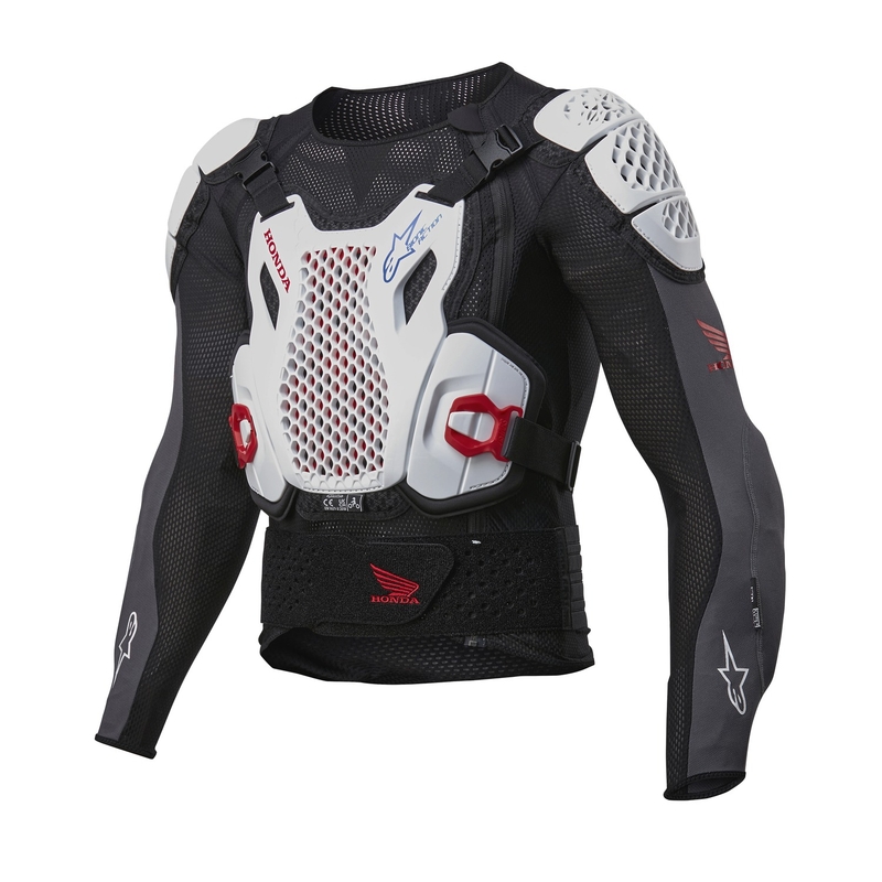 Kolekcja ochraniaczy ciała Alpinestars Bionic Plus 2 Honda w kolorze biało-niebiesko-czerwono-czarnym
