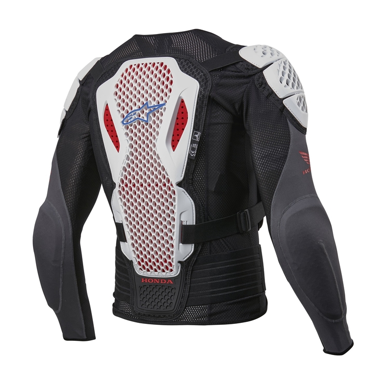 Kolekcja ochraniaczy ciała Alpinestars Bionic Plus 2 Honda w kolorze biało-niebiesko-czerwono-czarnym