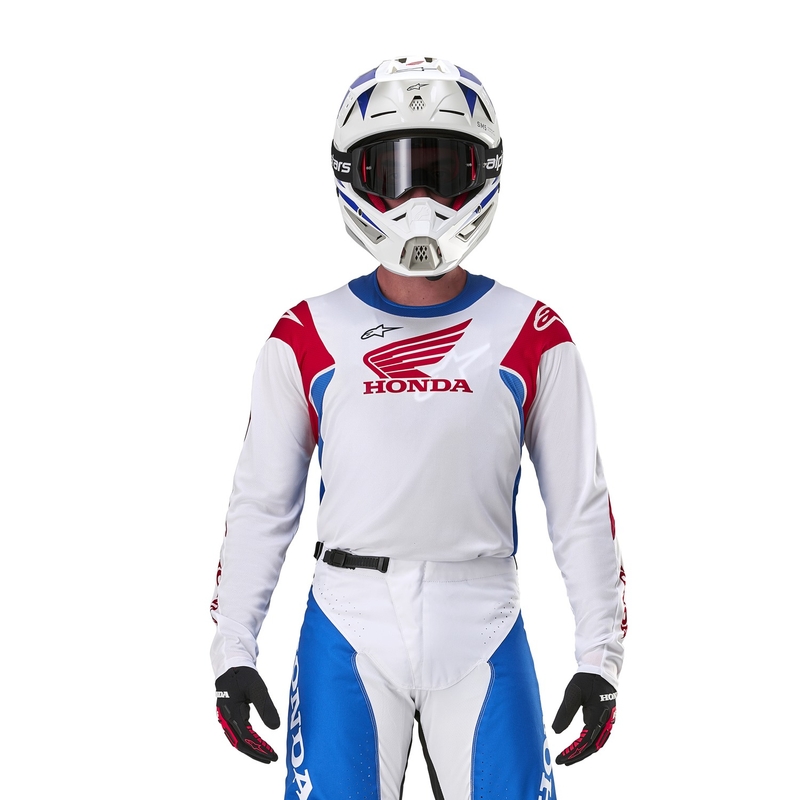 Koszulka motocrossowa Alpinestars Racer Iconic Honda z kolekcji biało-niebiesko-czerwono-czarnej