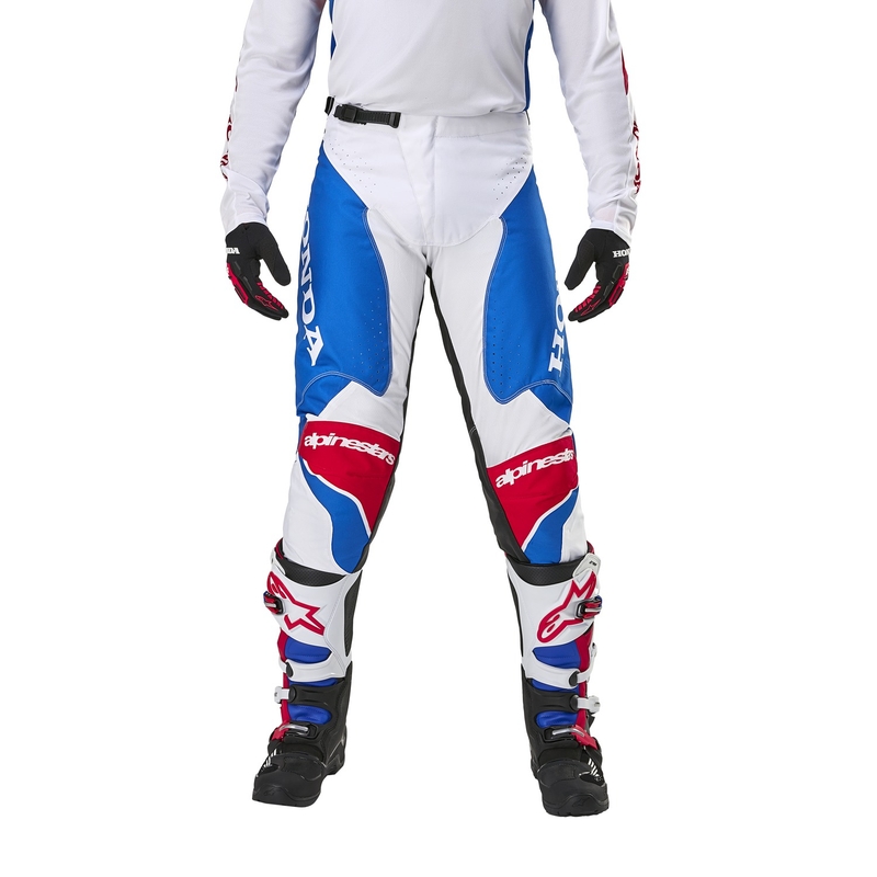 Spodnie motocrossowe Alpinestars Racer Iconic Honda z kolekcji biało-niebiesko-czerwono-czarne