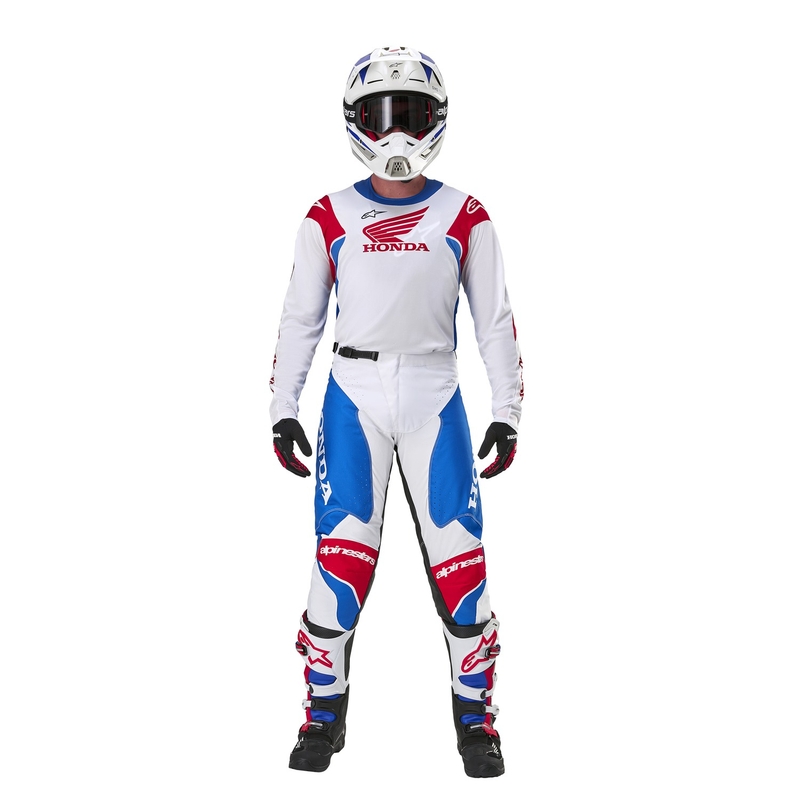 Spodnie motocrossowe Alpinestars Racer Iconic Honda z kolekcji biało-niebiesko-czerwono-czarne