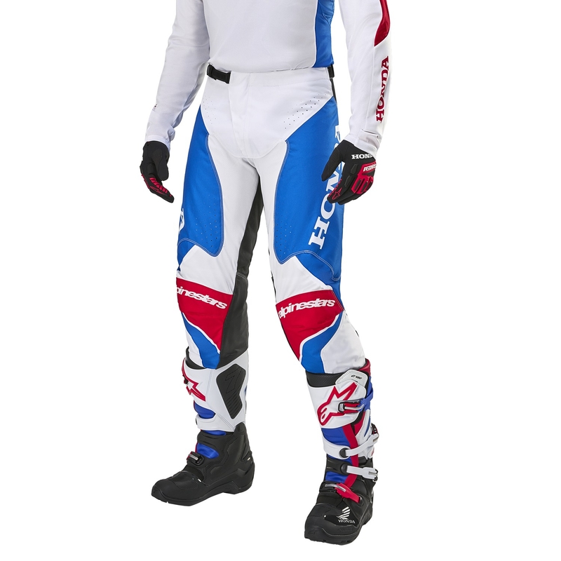 Spodnie motocrossowe Alpinestars Racer Iconic Honda z kolekcji biało-niebiesko-czerwono-czarne