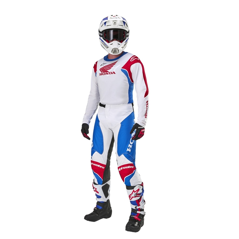 Spodnie motocrossowe Alpinestars Racer Iconic Honda z kolekcji biało-niebiesko-czerwono-czarne