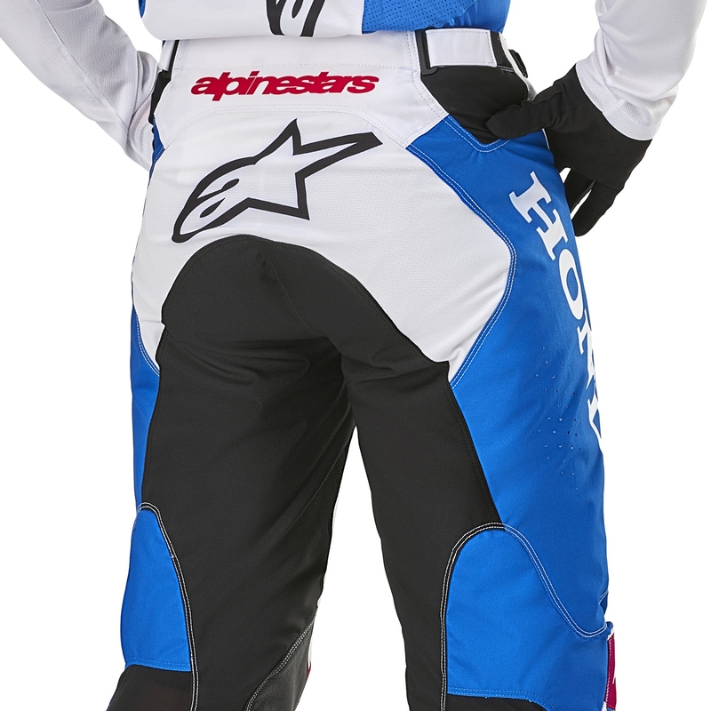 Spodnie motocrossowe Alpinestars Racer Iconic Honda z kolekcji biało-niebiesko-czerwono-czarne