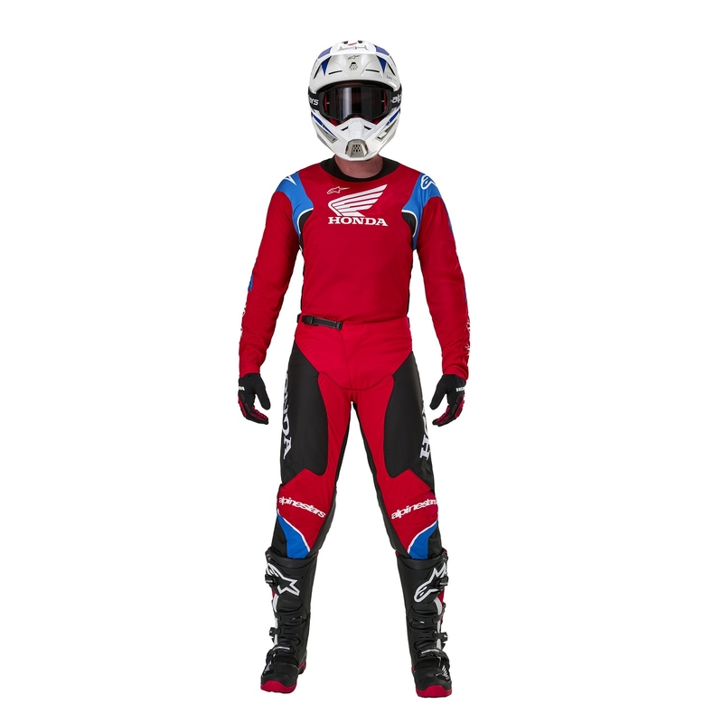 Kolekcja spodni motocrossowych Alpinestars Racer Iconic Honda w kolorze czerwono-czarno-niebiesko-białym