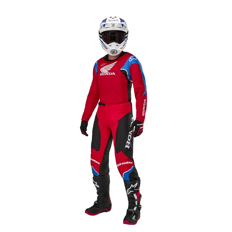 Kolekcja spodni motocrossowych Alpinestars Racer Iconic Honda w kolorze czerwono-czarno-niebiesko-białym