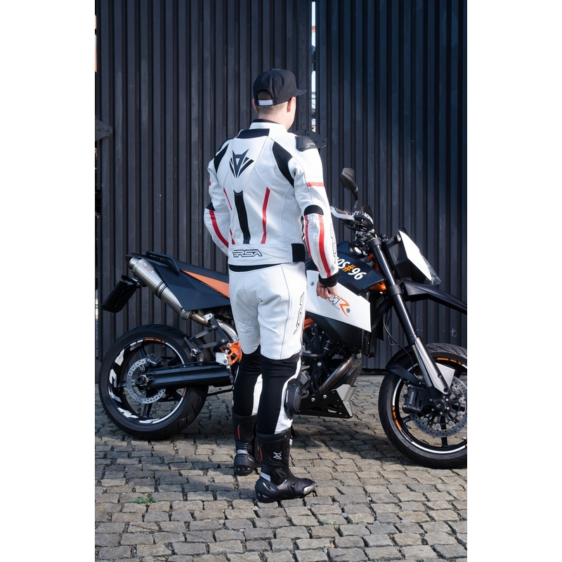 Skórzane spodnie motocyklowe RSA Virus biało-czarno-czerwone wyprzedaż