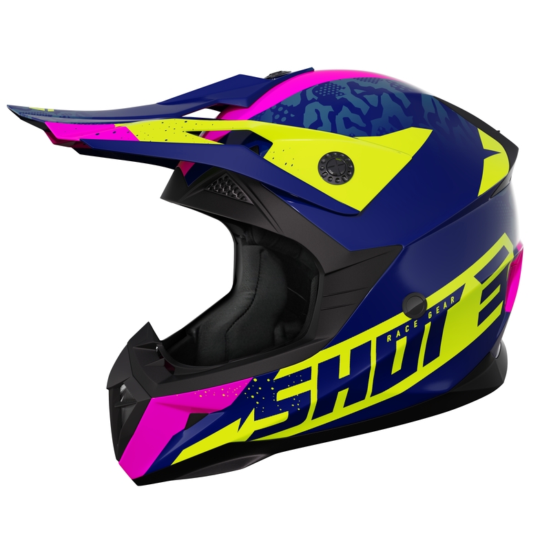 Dziecięcy kask motocrossowy Shot Pulse Airfit błyszczący niebiesko-fluo żółto-różowy wyprzedaż