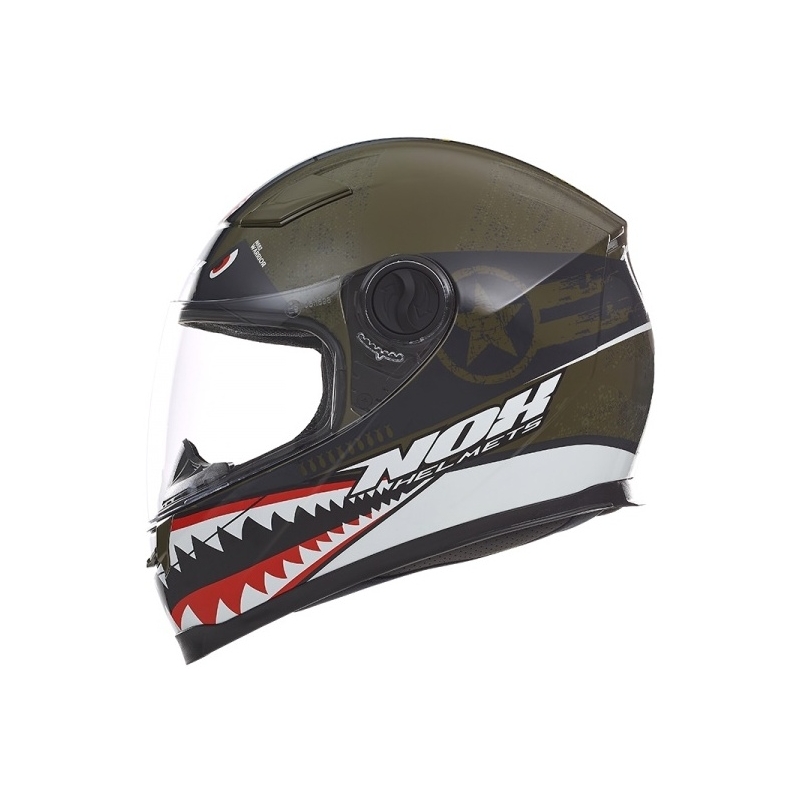 Dziecięcy integralny kask motocyklowy NOX N682K Warrior khaki zielono-czarno-biało-czerwony wyprzedaż