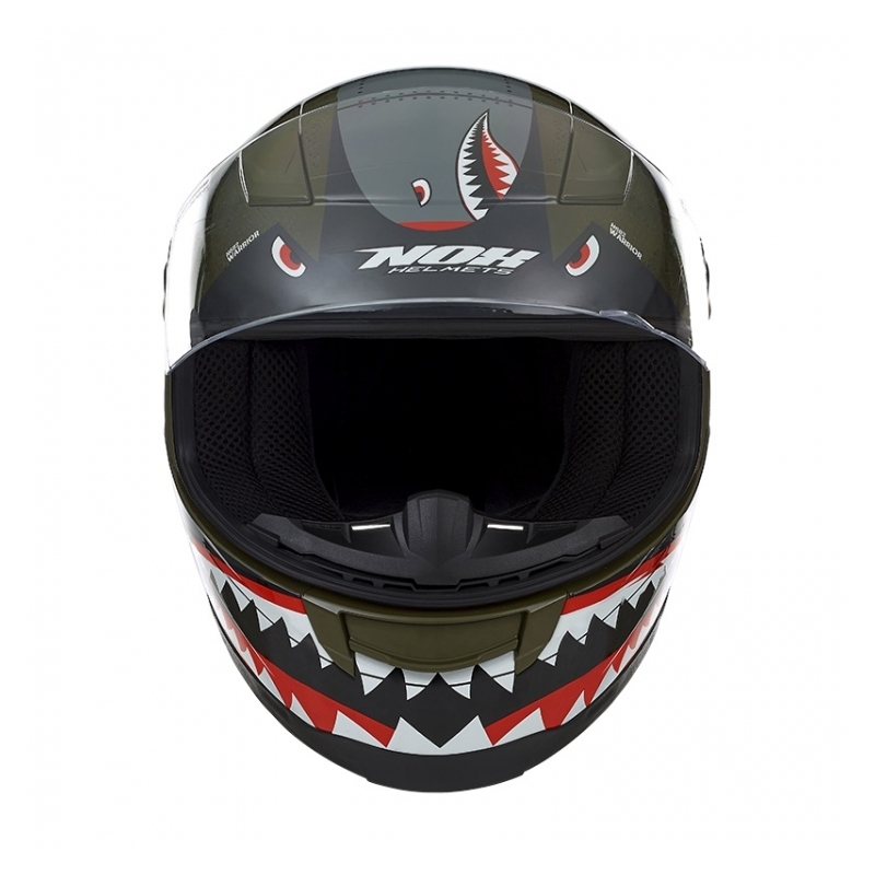 Dziecięcy integralny kask motocyklowy NOX N682K Warrior khaki zielono-czarno-biało-czerwony wyprzedaż