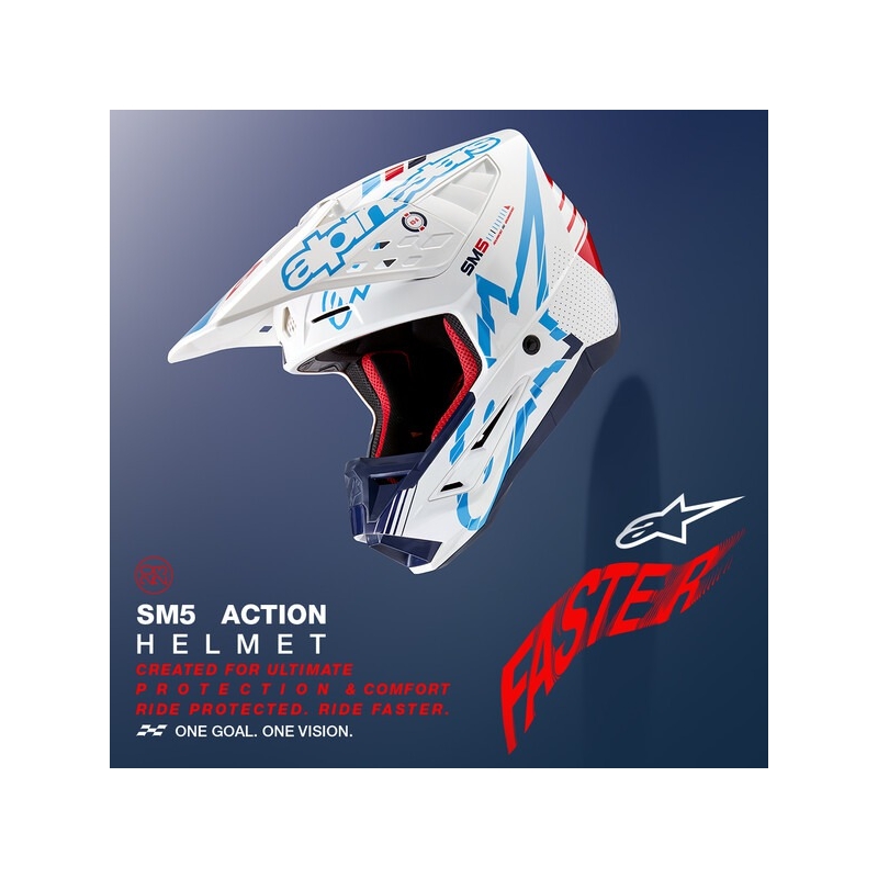 Kask motocrossowy Alpinestars S-M5 Action w kolorze biało-niebieskim-czarno-ciemnoczerwonym