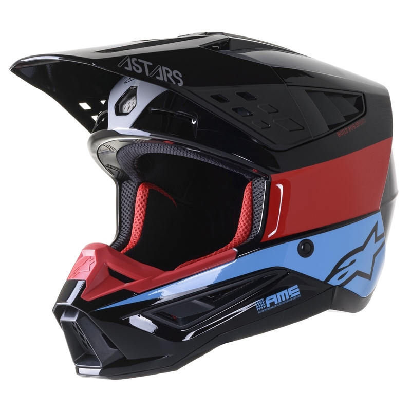 Kask motocrossowy Alpinestars S-M5 Bond w kolorze czarno-czerwono-cyjanowym z połyskiem