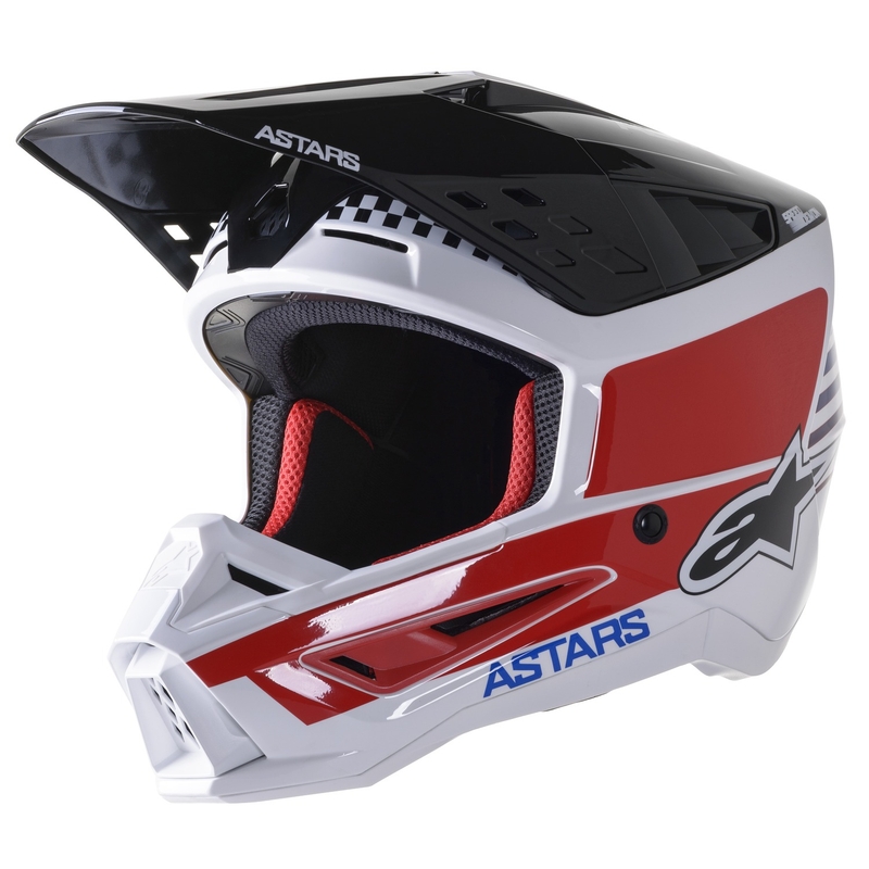 Kask motocrossowy Alpinestars S-M5 Speed w kolorze biało-ciemnoniebieskim-czerwonym z połyskiem