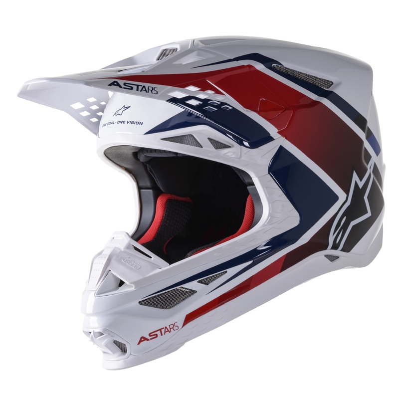 Kask motocrossowy Alpinestars S-M10 Carbon Meta2 w kolorze biało-czerwono-niebieskim z połyskiem