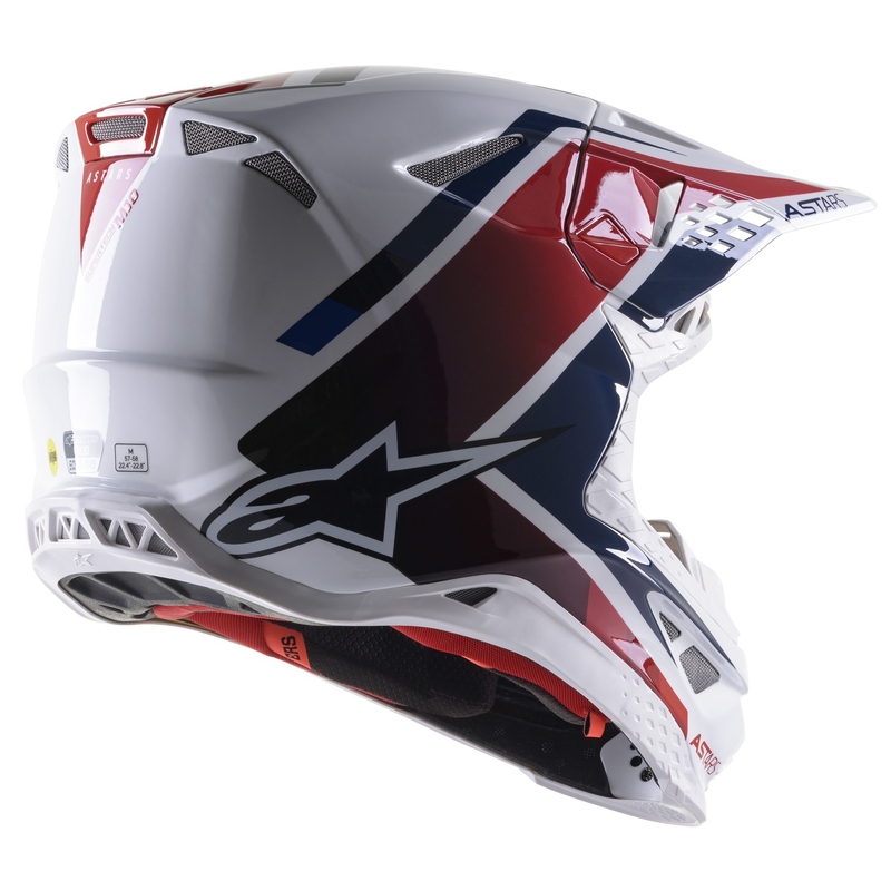 Kask motocrossowy Alpinestars S-M10 Carbon Meta2 w kolorze biało-czerwono-niebieskim z połyskiem