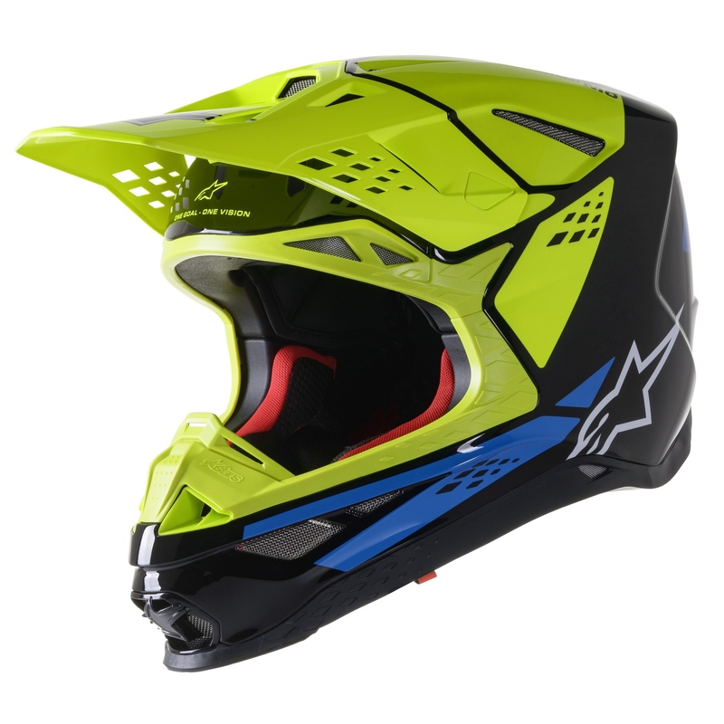 Kask motocrossowy Alpinestars Supertech S-M8 Factory w kolorze czarno-fluo żółto-niebieskim błyszczącym