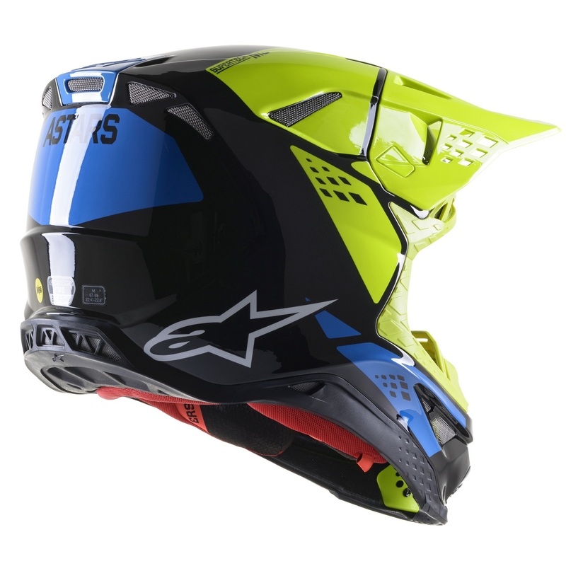 Kask motocrossowy Alpinestars Supertech S-M8 Factory w kolorze czarno-fluo żółto-niebieskim błyszczącym
