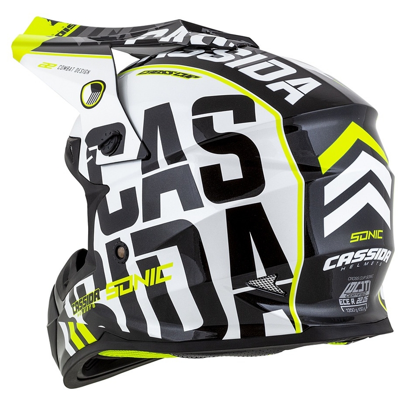 Dětská motokrosová helma Cassida Cross Cup Sonic Junior černo-bílo-fluo žluto-šedá