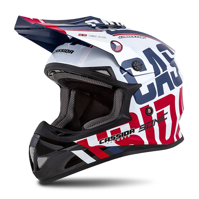 Dziecięcy kask motocrossowy Cassida Cross Cup Sonic Junior w kolorze czerwono-niebieskim-biało-czarnym