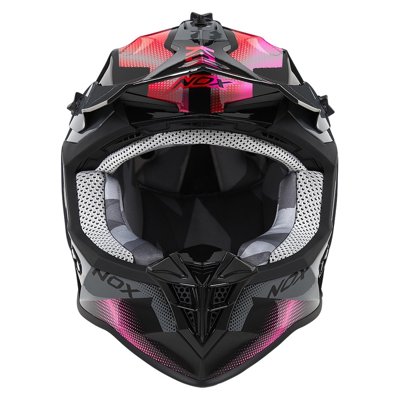 Damski kask motocrossowy NOX N633 fluo różowo-czerwono-szary