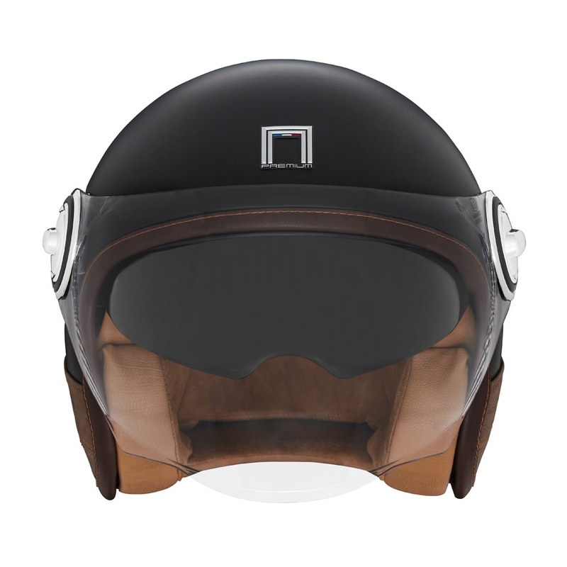 Kask motocyklowy NOX PREMIUM Heritage otwarty, czarny matowy z brązową skórą