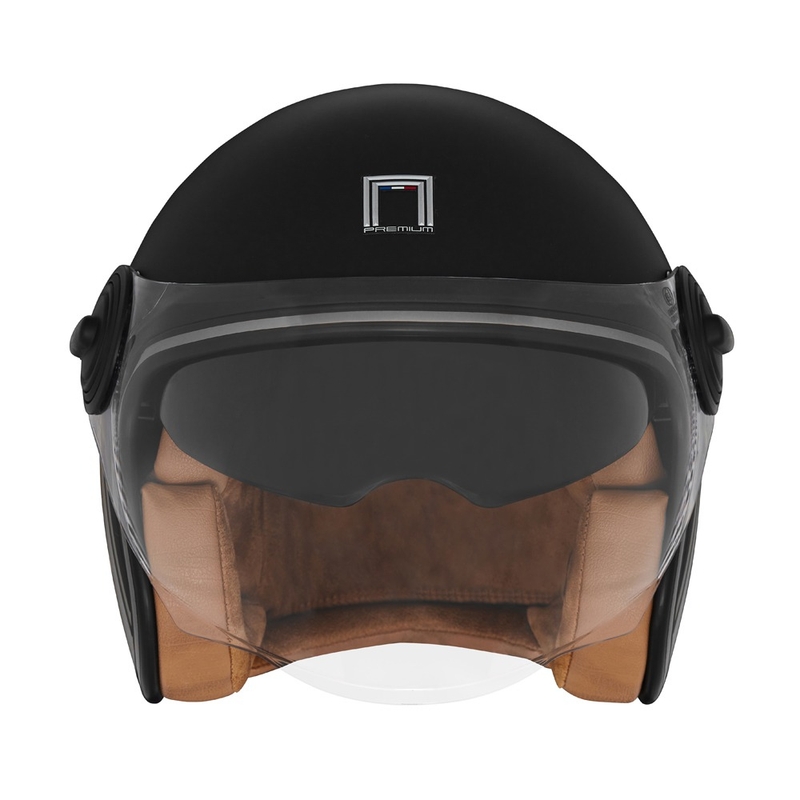 Kask motocyklowy NOX PREMIUM Heritage otwarty, czarny matowy z brązową skórą