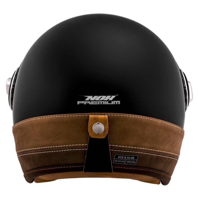 Kask motocyklowy NOX PREMIUM Heritage otwarty, czarny matowy z brązową skórą